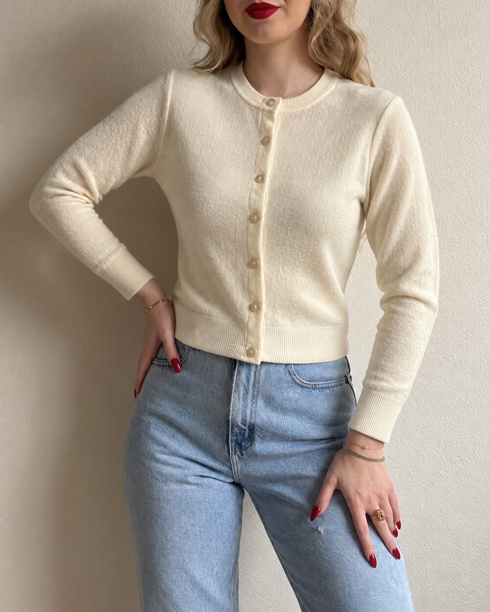 Vintage 90s Express Tricot Cardigan Sweater Acrylic Ivory Clean Girl Cottage